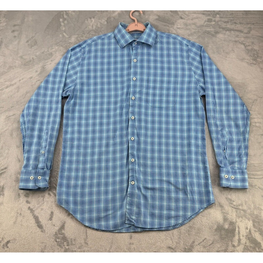 Peter Millar Shirt Men Large Button Up Long Sleeve Blue Plaid 100% Cotton Pocket